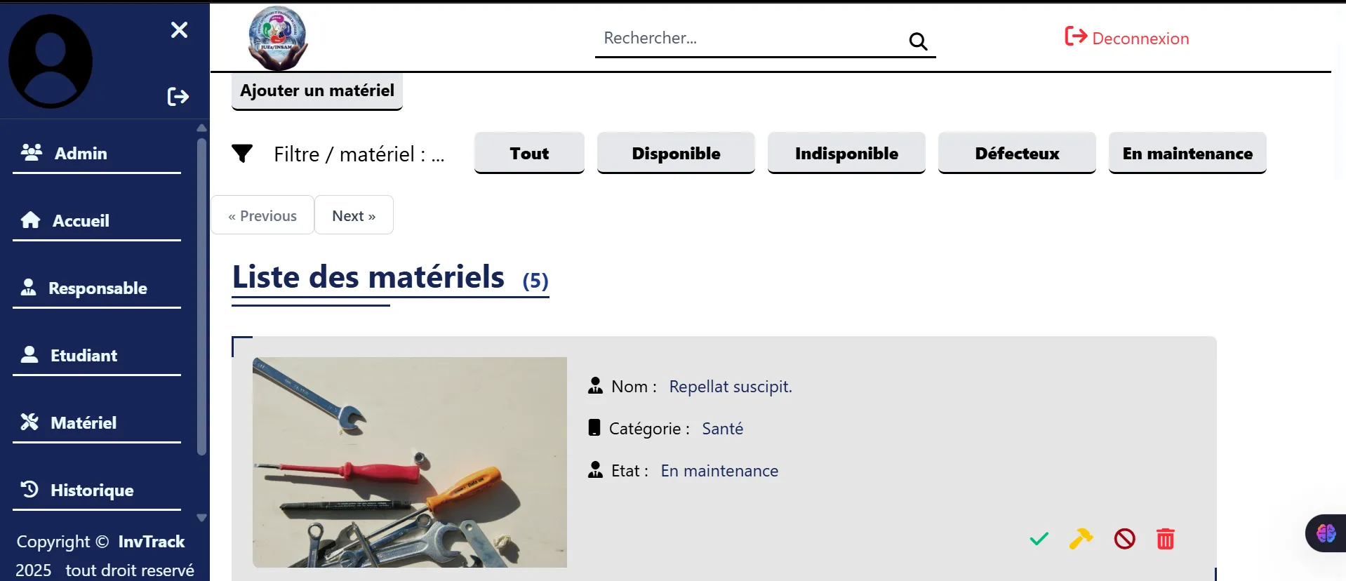 Liste des matériels