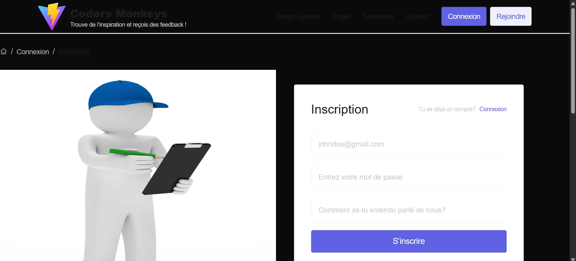 Interface d'inscription
