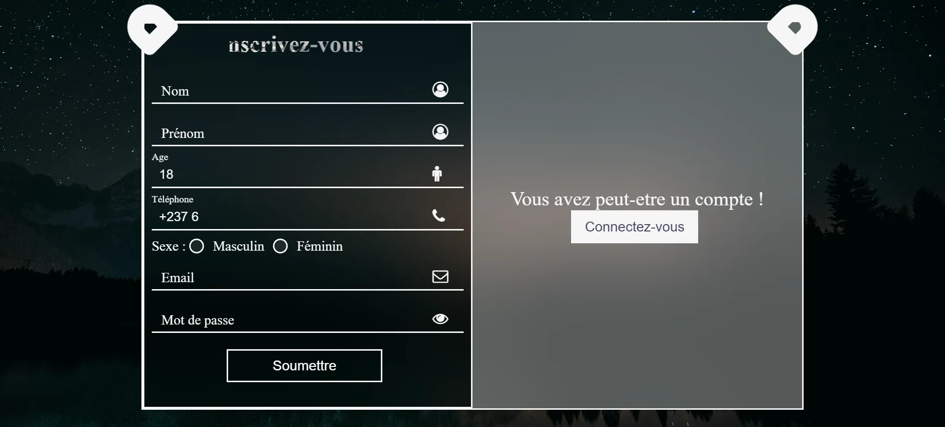 Interface d'inscription